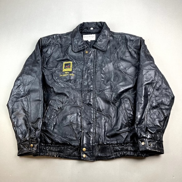 Vintage NFL Leather Jacket Mens Large Black Football Celebrity Open Full Zip 90s - Picture 1 of 12